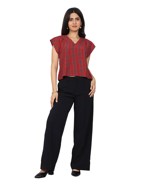 Women’s Red Checks Regular Fit V-Neck Top