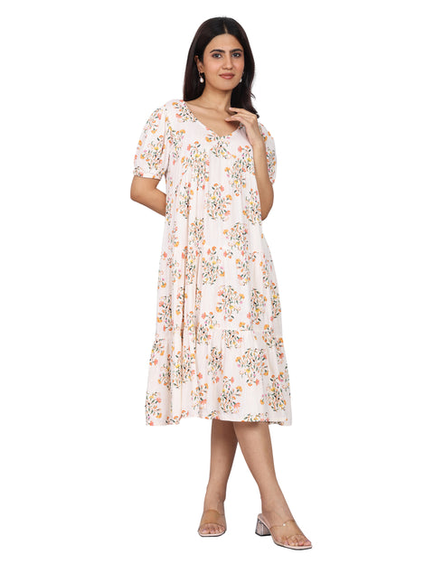 Women’s White Printed Regular Fit V-Neck Puff Sleeve Dress