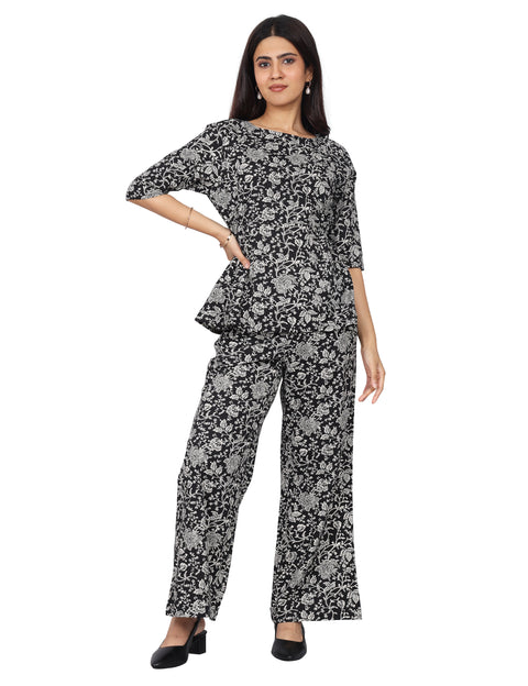 Women’s Black Printed Relaxed Fit Boat Neck Coord Set