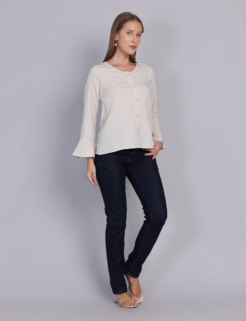 Wearhouse Women's Beige Woven Slim Fit Cotton Top