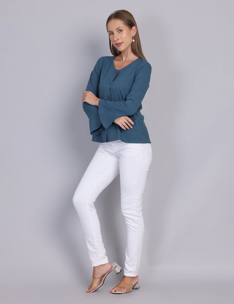 Wearhouse Women's Teal Woven Slim Fit Cotton Top
