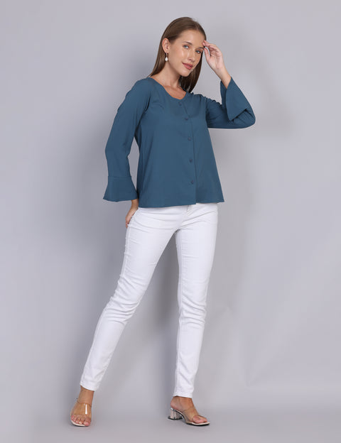 Wearhouse Women's Teal Woven Slim Fit Cotton Top