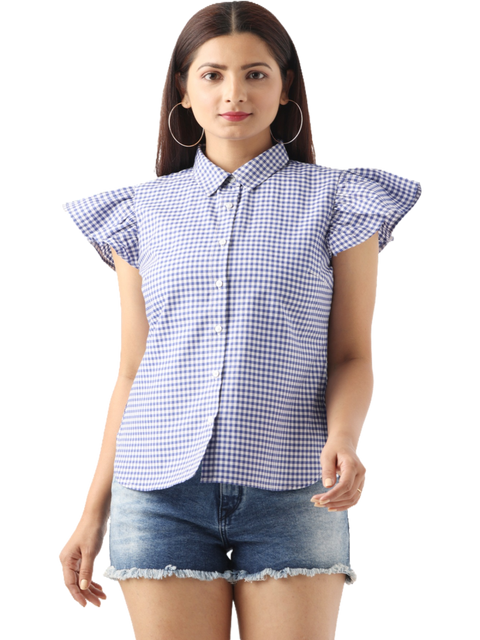 Women's Ruffle Sleeve Slim Fit Casual Top, Blue Check