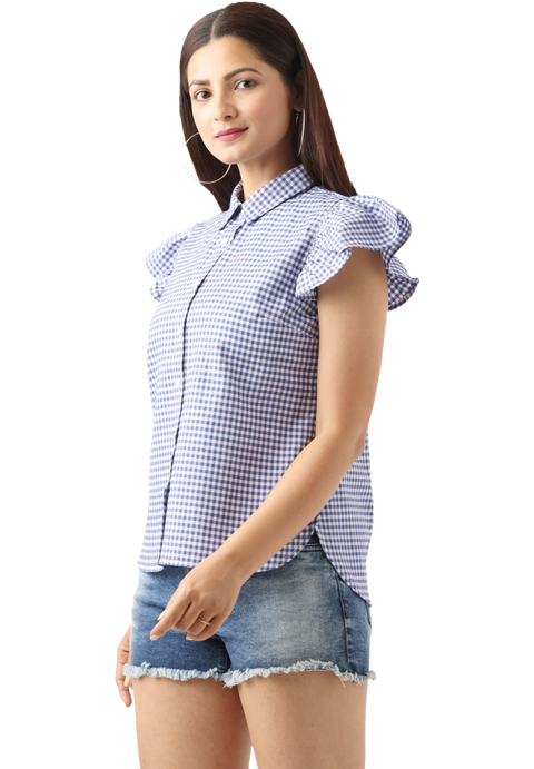 Women's Ruffle Sleeve Slim Fit Casual Top, Blue Check