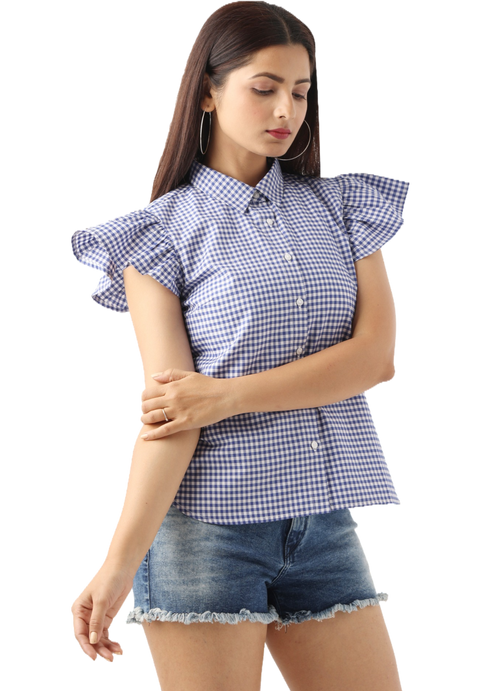 Women's Ruffle Sleeve Slim Fit Casual Top, Blue Check