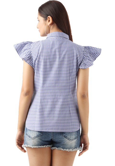 Women's Ruffle Sleeve Slim Fit Casual Top, Blue Check