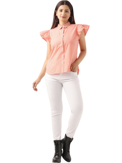 Women's Ruffle Sleeve Slim Fit Casual Top, Orange Check