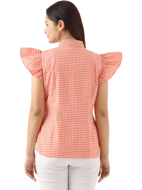 Women's Ruffle Sleeve Slim Fit Casual Top, Orange Check