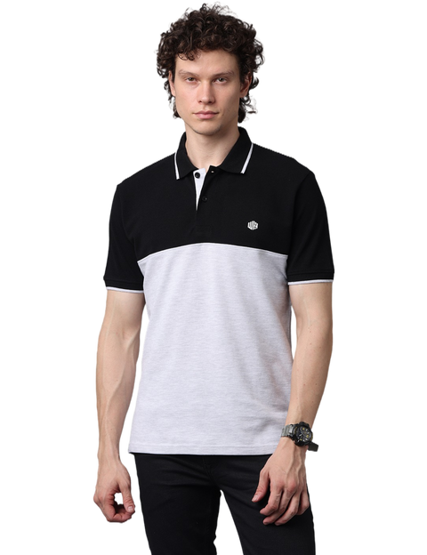 Men's Black/Grey Short Sleeve Polo T-Shirt with Contrast Stripes, Cut and Sew