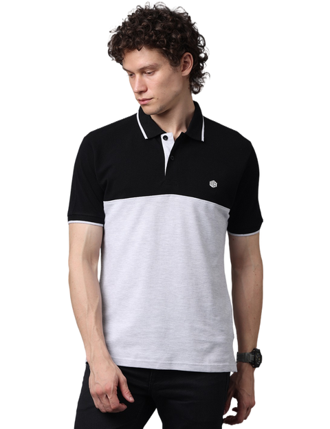 Men's Black/Grey Short Sleeve Polo T-Shirt with Contrast Stripes, Cut and Sew