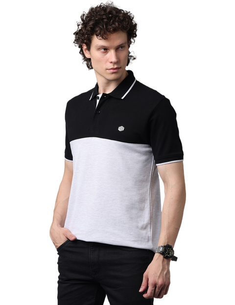 Men's Black/Grey Short Sleeve Polo T-Shirt with Contrast Stripes, Cut and Sew