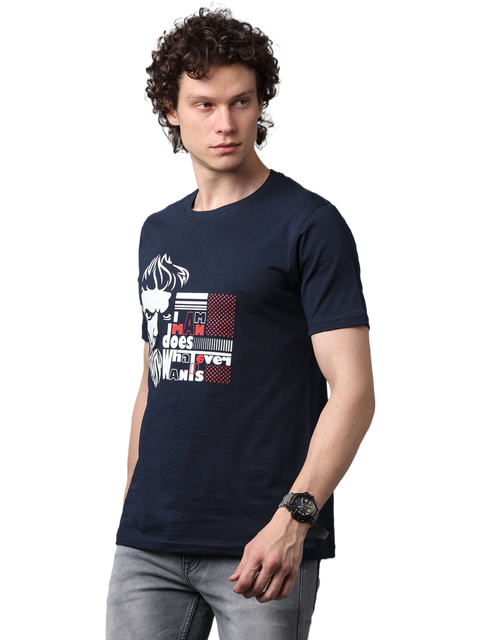 Men's Navy Blue Printed Round Neck T-Shirt