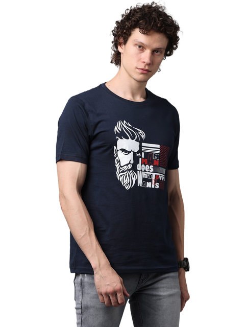 Men's Navy Blue Printed Round Neck T-Shirt