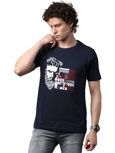 Men's Navy Blue Printed Round Neck T-Shirt