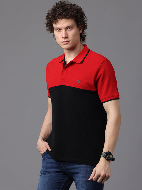 Men's Red and Black Short Sleeve Cut and Sew Polo T-Shirt