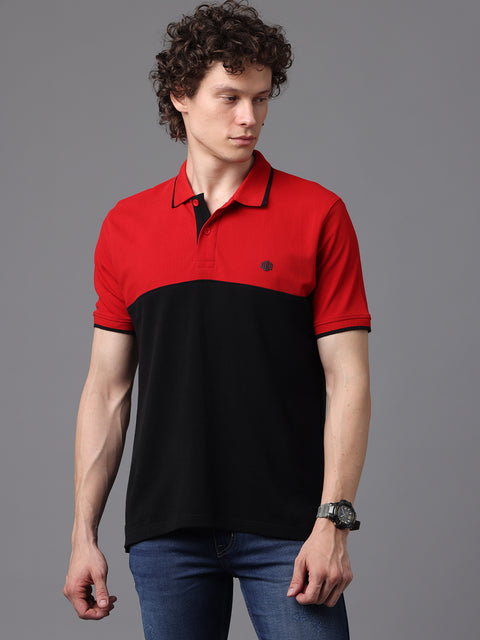 Men's Red and Black Short Sleeve Cut and Sew Polo T-Shirt