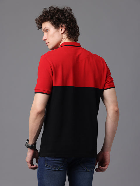 Men's Red and Black Short Sleeve Cut and Sew Polo T-Shirt