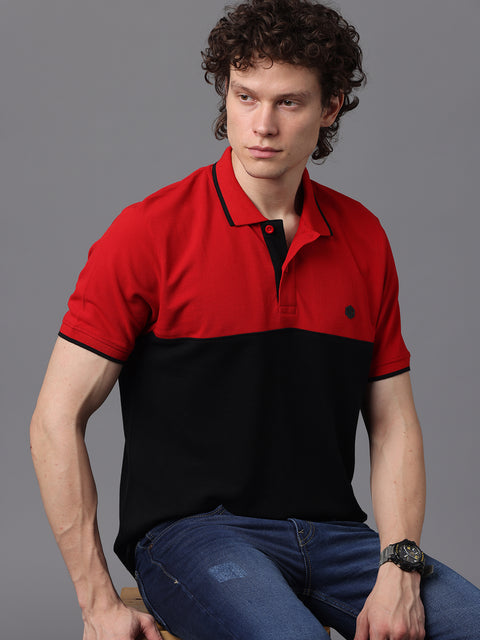 Men's Red and Black Short Sleeve Cut and Sew Polo T-Shirt