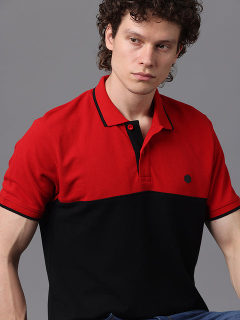 Men's Red and Black Short Sleeve Cut and Sew Polo T-Shirt