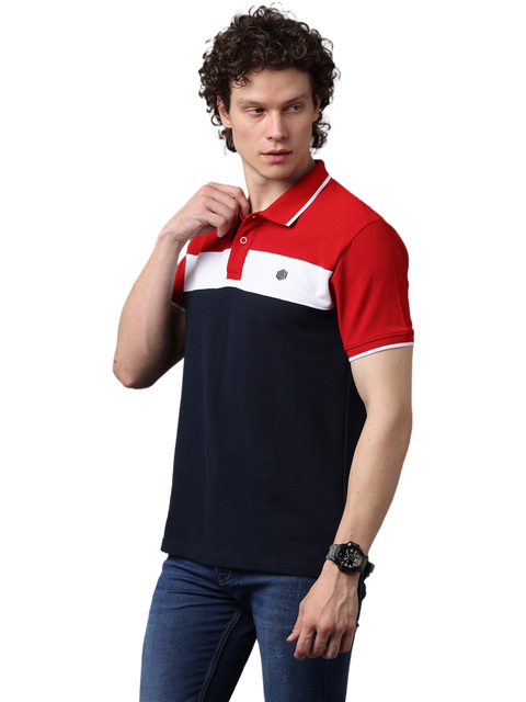 Men's Short Sleeve Polo T-Shirt Contrast Stripes, Red and Navy Blue