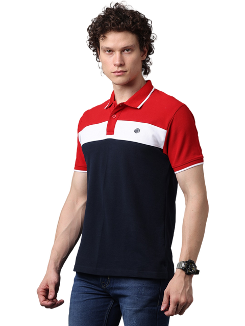 Men's Short Sleeve Polo T-Shirt Contrast Stripes, Red and Navy Blue