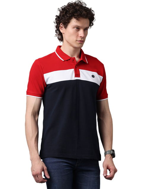 Men's Short Sleeve Polo T-Shirt Contrast Stripes, Red and Navy Blue