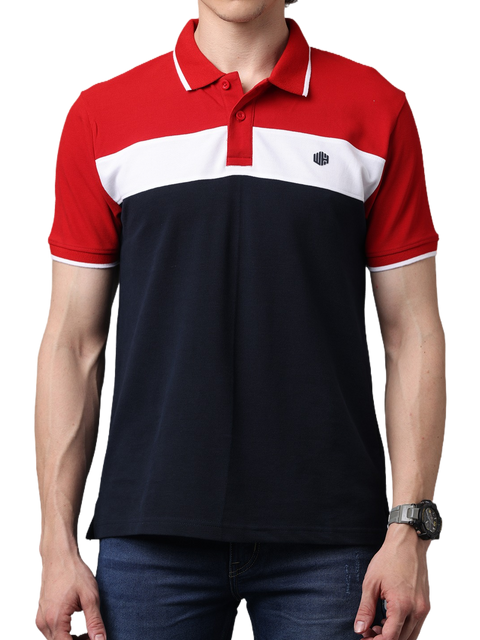 Men's Short Sleeve Polo T-Shirt Contrast Stripes, Red and Navy Blue