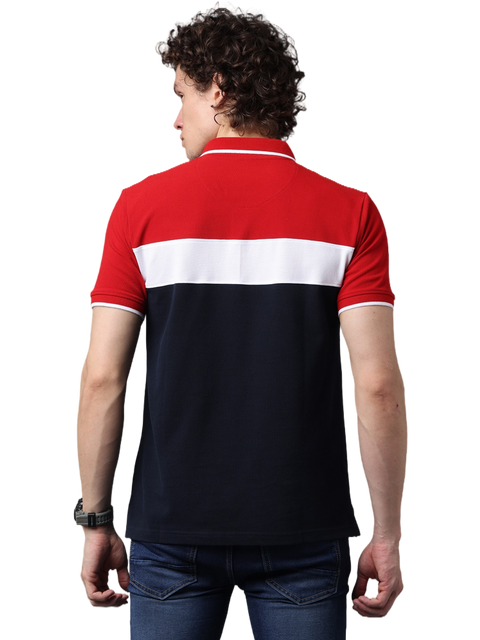 Men's Short Sleeve Polo T-Shirt Contrast Stripes, Red and Navy Blue