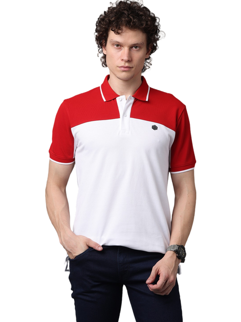 Men's Short Sleeve Cut and Sew Polo T-Shirt, Red and White