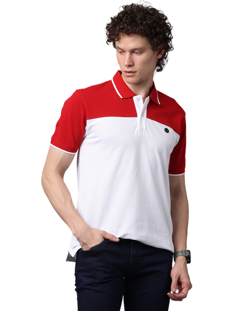 Men's Short Sleeve Cut and Sew Polo T-Shirt, Red and White