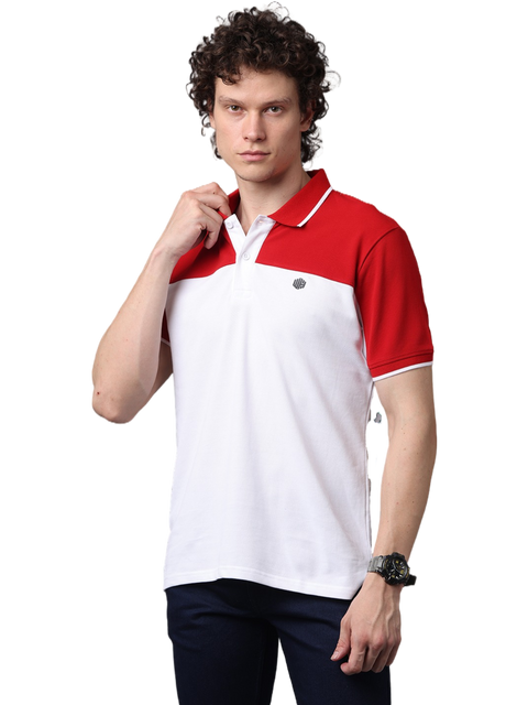 Men's Short Sleeve Cut and Sew Polo T-Shirt, Red and White