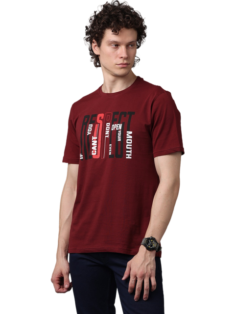 Men's Printed Round Neck Maroon T-Shirt