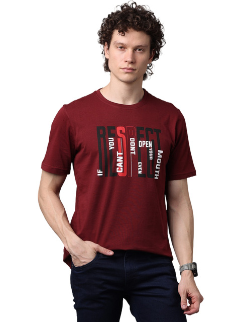 Men's Printed Round Neck Maroon T-Shirt