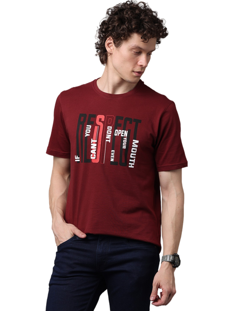 Men's Printed Round Neck Maroon T-Shirt