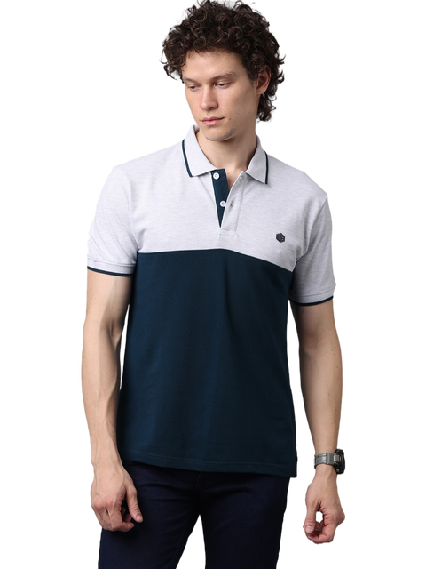 Men's Teal and Grey Short Sleeve Cut and Sew Polo T-Shirt