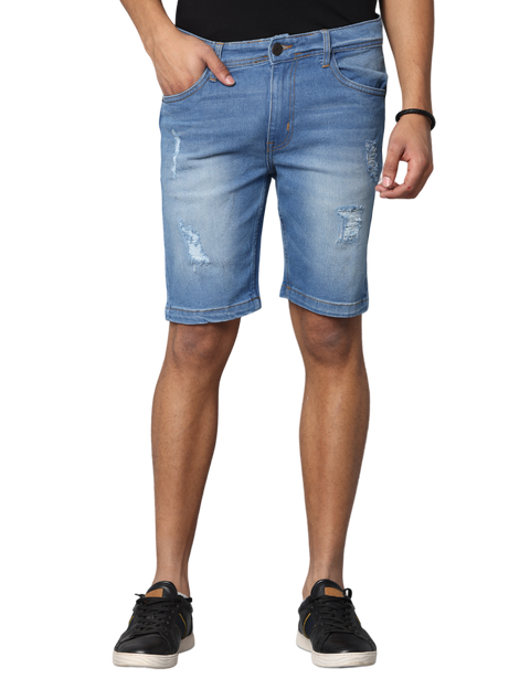 Men's Light Blue Slim Fit Light Faded Denim Shorts, Light Indigo