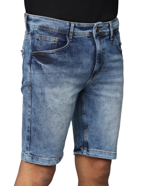 Men's  Blue Slim Fit Light Faded Denim Shorts, Dark Indigo