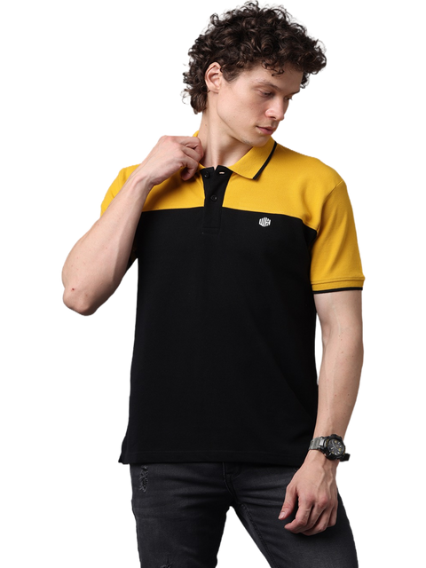 Men's Short Sleeve Mustard and Black Cut and Sew Polo T-Shirt