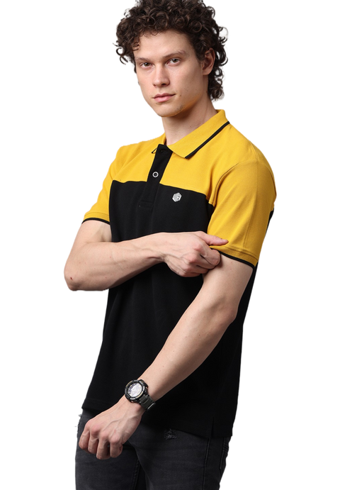 Men's Short Sleeve Mustard and Black Cut and Sew Polo T-Shirt