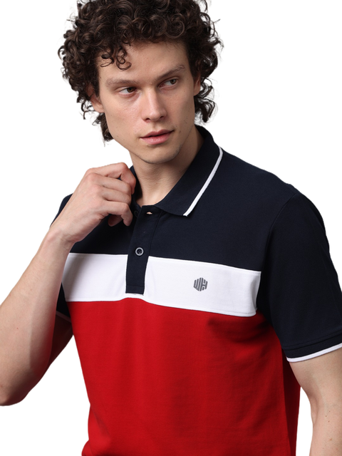 Men's Short Sleeve Cut and Sew Red and Navy Blue Contrast Polo T-Shirt