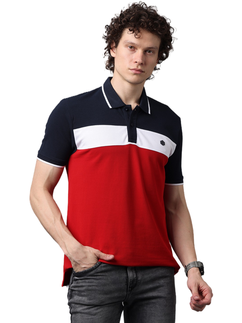 Men's Short Sleeve Cut and Sew Red and Navy Blue Contrast Polo T-Shirt