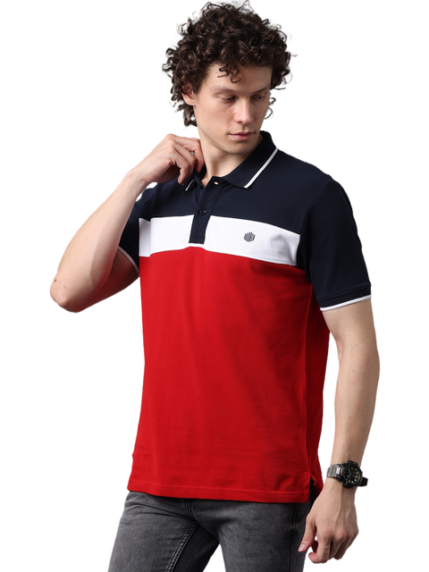 Men's Short Sleeve Cut and Sew Red and Navy Blue Contrast Polo T-Shirt