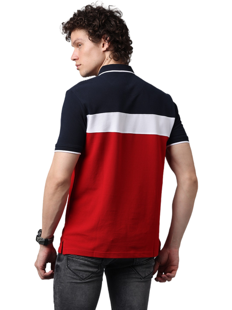 Men's Short Sleeve Cut and Sew Red and Navy Blue Contrast Polo T-Shirt