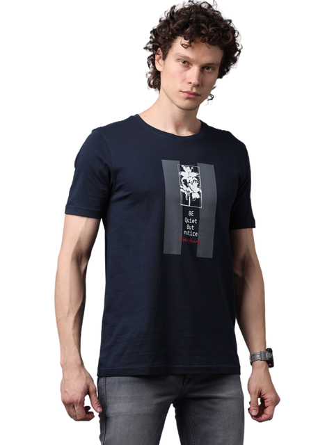 Men's Navy Blue Printed Round Neck T-Shirt