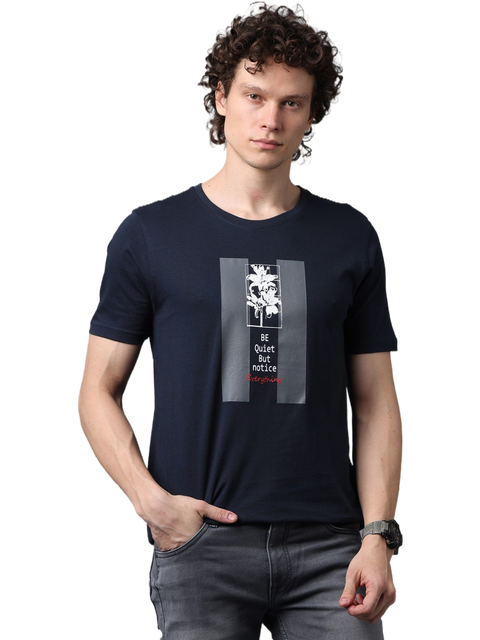 Men's Navy Blue Printed Round Neck T-Shirt