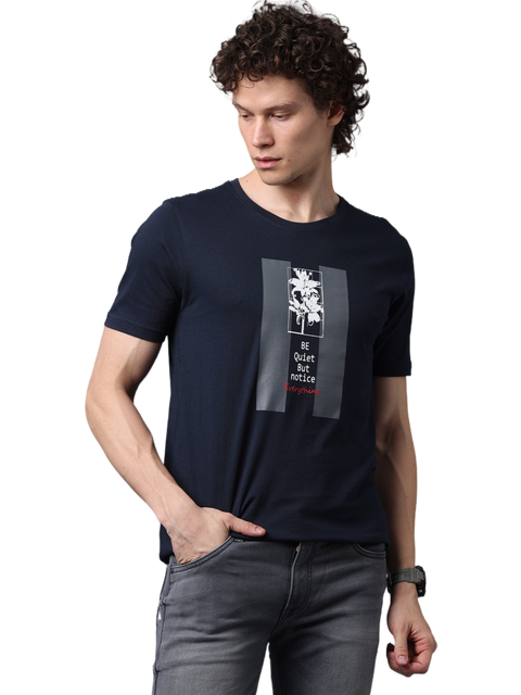 Men's Navy Blue Printed Round Neck T-Shirt