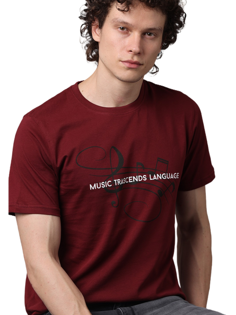 Men's Maroon Printed Round Neck T-Shirt