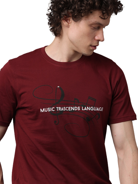 Men's Maroon Printed Round Neck T-Shirt