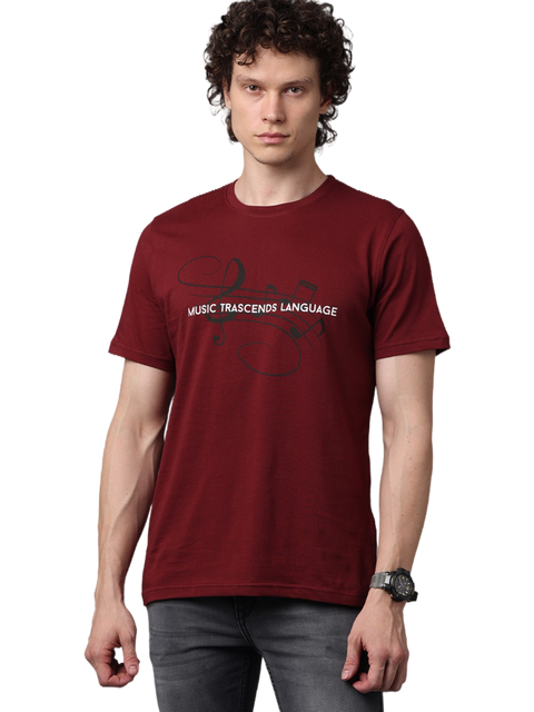 Men's Maroon Printed Round Neck T-Shirt