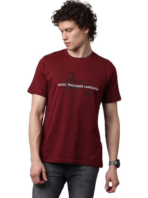 Men's Maroon Printed Round Neck T-Shirt